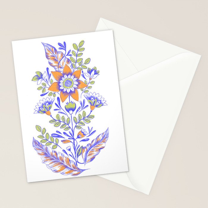 Folk Floral Blue Green Orange Stationery Card Gallery Image 2
