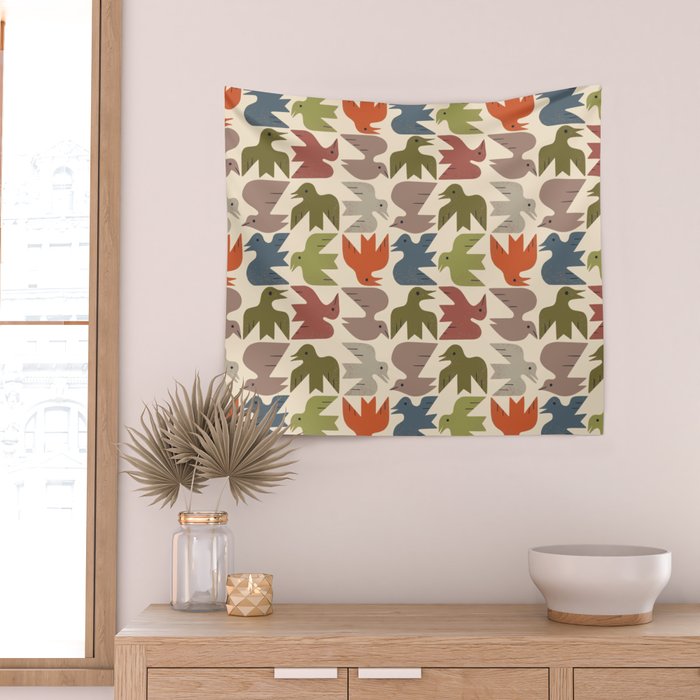 Midcentury Bird Grid Wall Tapestry Gallery Image 2