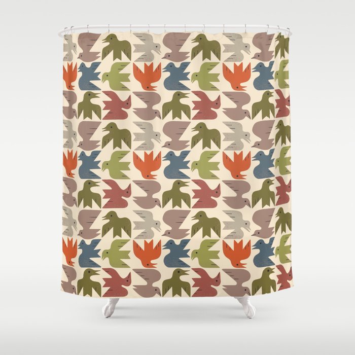 Midcentury Bird Grid Shower Curtain Gallery Image 1