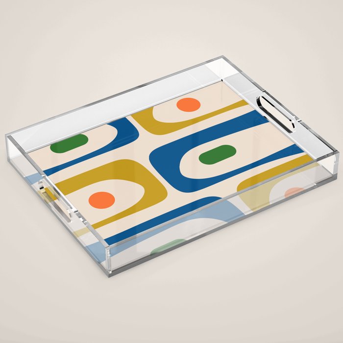 Mid Century Modern Abstract Retro Piquet Pattern in Vintage Blue Mustard Green Orange Beige Acrylic Tray Gallery Image 1