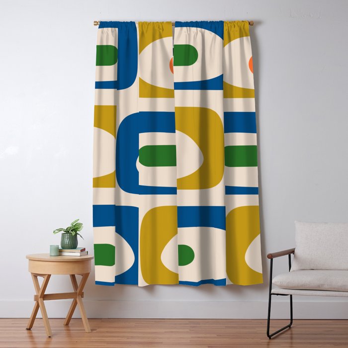 Mid Century Modern Abstract Retro Piquet Pattern in Vintage Blue Mustard Green Orange Beige Window Curtain Gallery Image 1