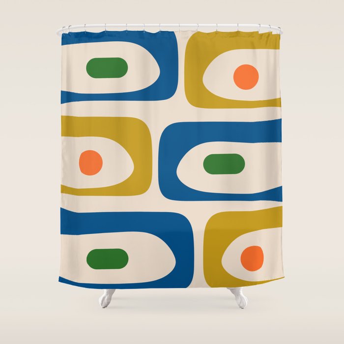 Mid Century Modern Abstract Retro Piquet Pattern in Vintage Blue Mustard Green Orange Beige Shower Curtain Gallery Image 1
