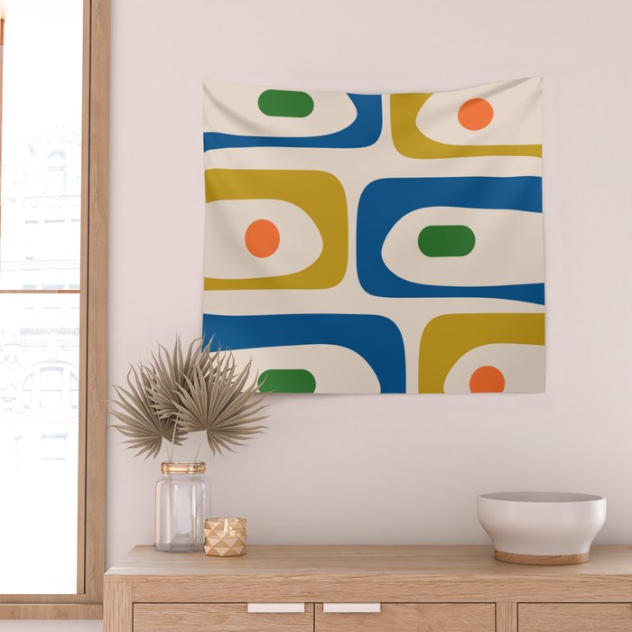 Mid Century Modern Abstract Retro Piquet Pattern in Vintage Blue Mustard Green Orange Beige Wall Tapestry Gallery Image 2