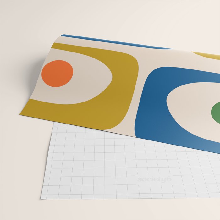 Mid Century Modern Abstract Retro Piquet Pattern in Vintage Blue Mustard Green Orange Beige Wrapping Paper Gallery Image 2