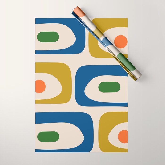 Mid Century Modern Abstract Retro Piquet Pattern in Vintage Blue Mustard Green Orange Beige Wrapping Paper Gallery Image 1