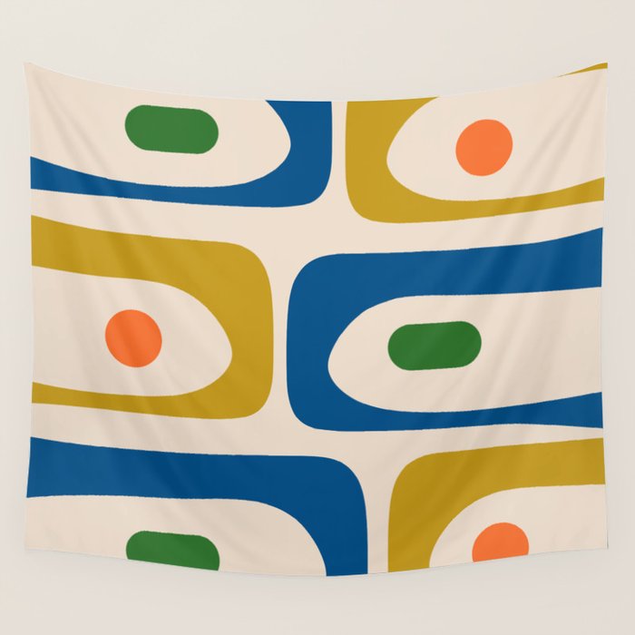 Mid Century Modern Abstract Retro Piquet Pattern in Vintage Blue Mustard Green Orange Beige Wall Tapestry Gallery Image 4