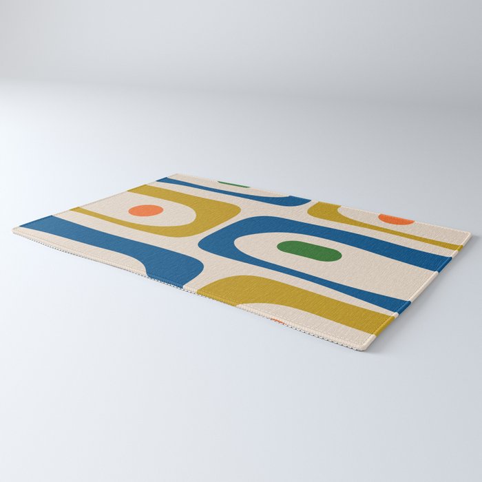Mid Century Modern Abstract Retro Piquet Pattern in Vintage Blue Mustard Green Orange Beige Rug Gallery Image 3