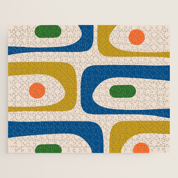 Mid Century Modern Abstract Retro Piquet Pattern in Vintage Blue Mustard Green Orange Beige Jigsaw Puzzle Gallery Image 1