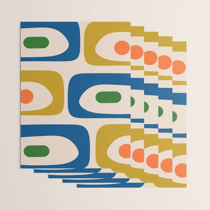 Mid Century Modern Abstract Retro Piquet Pattern in Vintage Blue Mustard Green Orange Beige Wrapping Paper Gallery Image 3