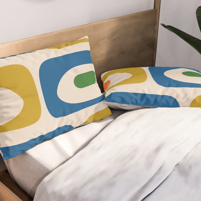 Mid Century Modern Abstract Retro Piquet Pattern in Vintage Blue Mustard Green Orange Beige Pillow Sham Gallery Image 2