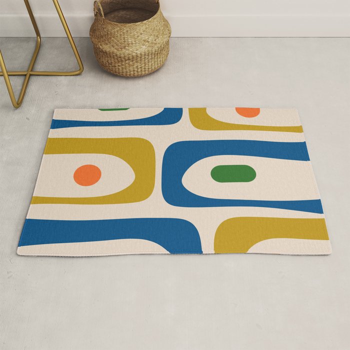 Mid Century Modern Abstract Retro Piquet Pattern in Vintage Blue Mustard Green Orange Beige Rug Gallery Image 1