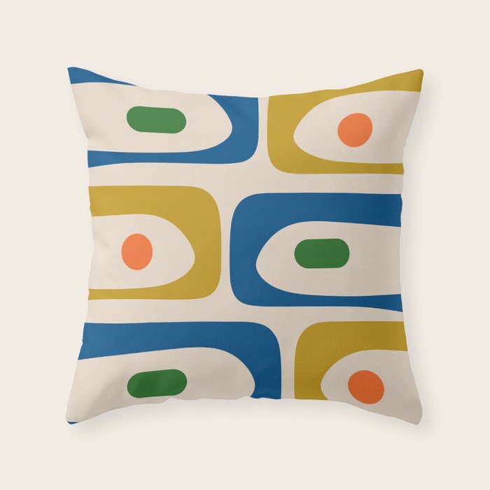 Mid Century Modern Abstract Retro Piquet Pattern in Vintage Blue Mustard Green Orange Beige Throw Pillow Gallery Image 1