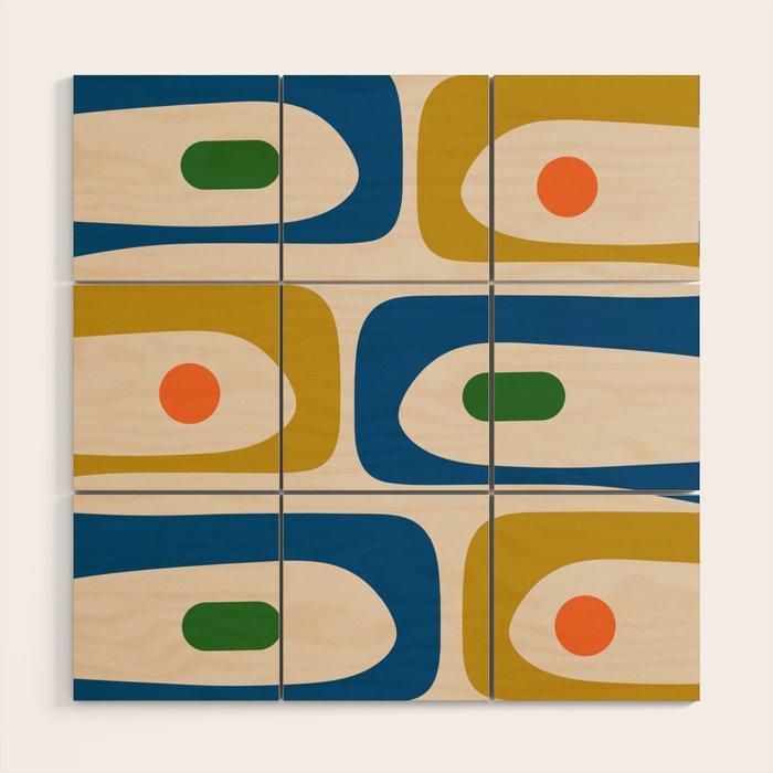 Mid Century Modern Abstract Retro Piquet Pattern in Vintage Blue Mustard Green Orange Beige Wood Wall Art Gallery Image 1