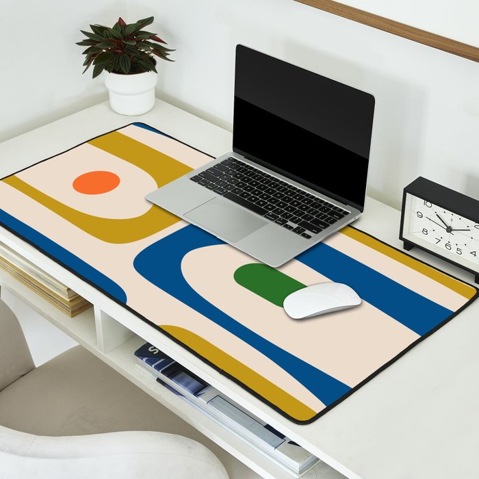 Mid Century Modern Abstract Retro Piquet Pattern in Vintage Blue Mustard Green Orange Beige Desk Mat Gallery Image 2