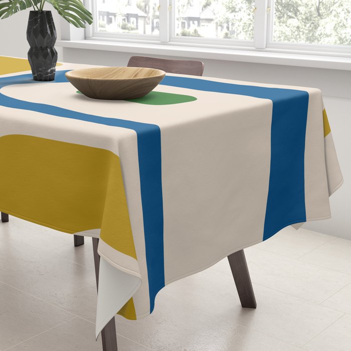 Mid Century Modern Abstract Retro Piquet Pattern in Vintage Blue Mustard Green Orange Beige Tablecloth Gallery Image 3