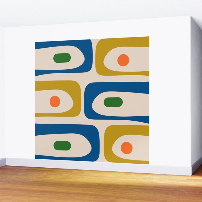 Mid Century Modern Abstract Retro Piquet Pattern in Vintage Blue Mustard Green Orange Beige Wall Mural Gallery Image 2