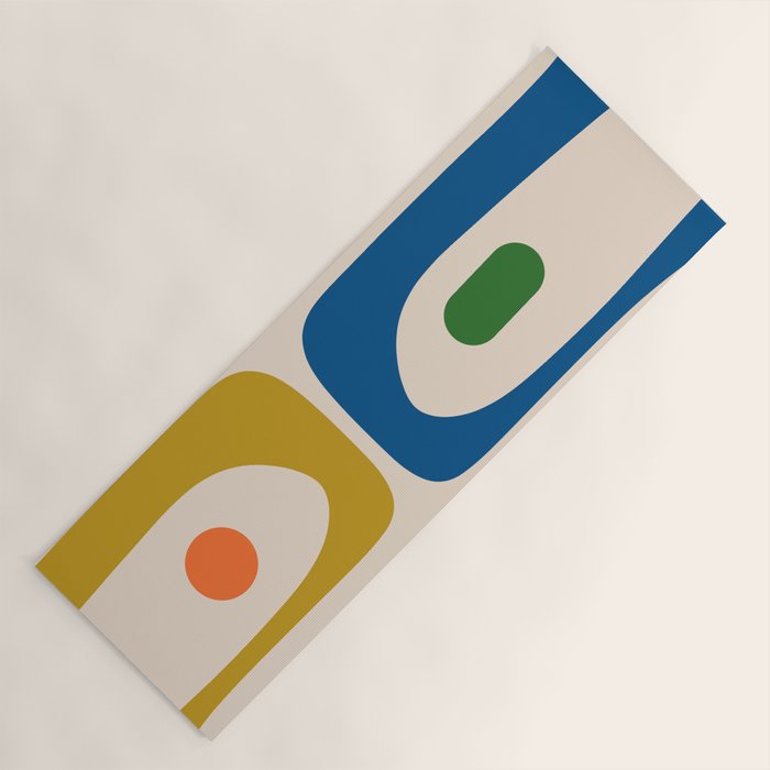 Mid Century Modern Abstract Retro Piquet Pattern in Vintage Blue Mustard Green Orange Beige Yoga Mat Gallery Image 1