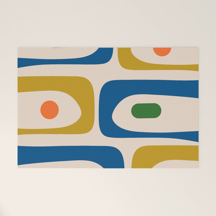 Mid Century Modern Abstract Retro Piquet Pattern in Vintage Blue Mustard Green Orange Beige Welcome Mat Gallery Image 1