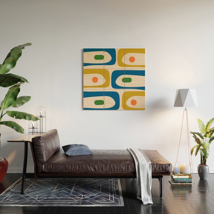 Mid Century Modern Abstract Retro Piquet Pattern in Vintage Blue Mustard Green Orange Beige Wood Wall Art Gallery Image 2