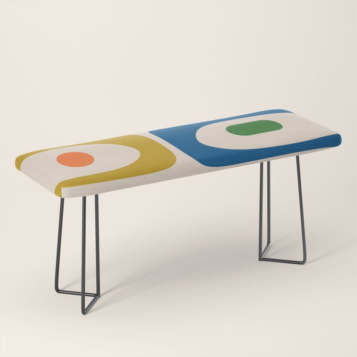 Mid Century Modern Abstract Retro Piquet Pattern in Vintage Blue Mustard Green Orange Beige Bench Gallery Image 1