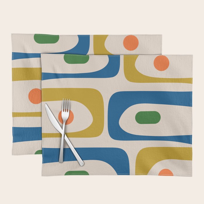 Mid Century Modern Abstract Retro Piquet Pattern in Vintage Blue Mustard Green Orange Beige Placemat Gallery Image 1