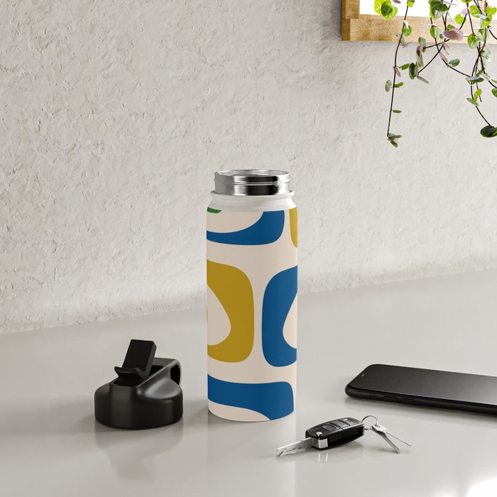 Mid Century Modern Abstract Retro Piquet Pattern in Vintage Blue Mustard Green Orange Beige Water Bottle Gallery Image 4