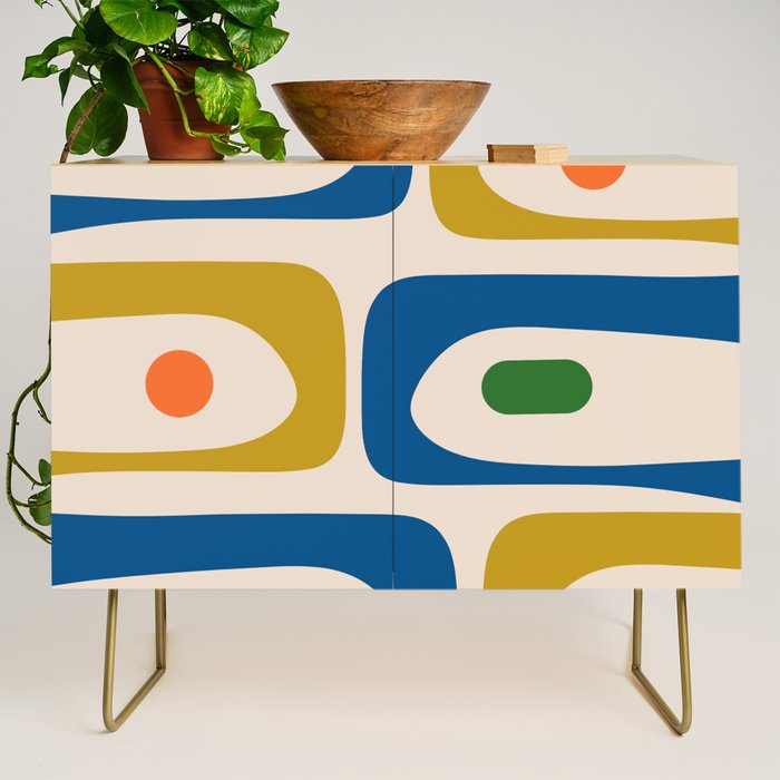 Mid Century Modern Abstract Retro Piquet Pattern in Vintage Blue Mustard Green Orange Beige Credenza Gallery Image 1