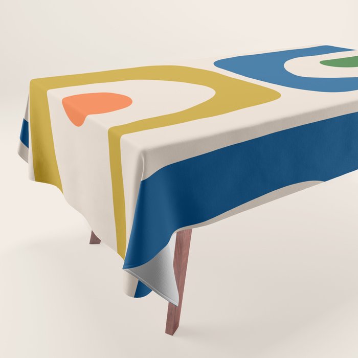 Mid Century Modern Abstract Retro Piquet Pattern in Vintage Blue Mustard Green Orange Beige Tablecloth Gallery Image 1