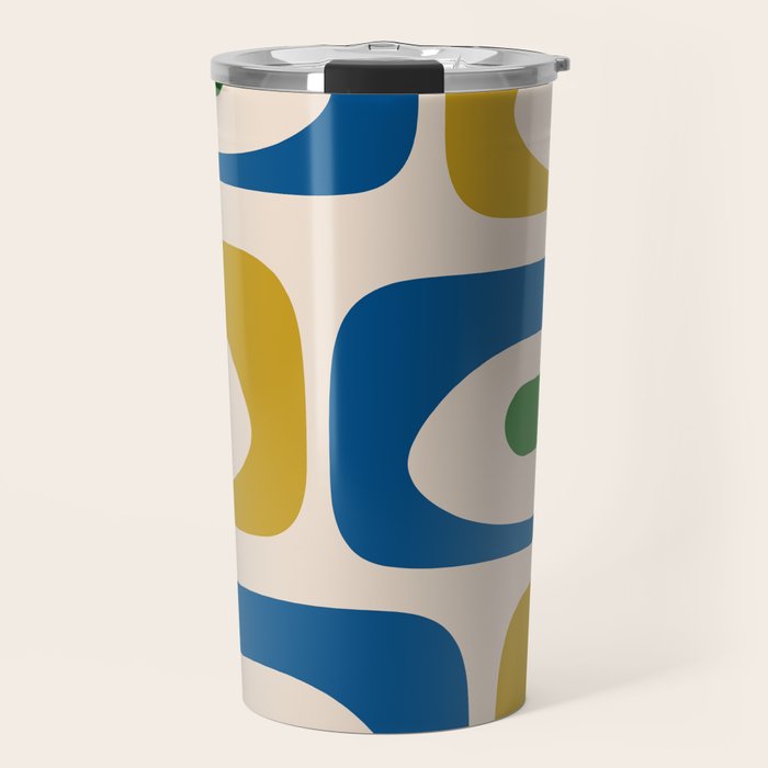Mid Century Modern Abstract Retro Piquet Pattern in Vintage Blue Mustard Green Orange Beige Travel Mug Gallery Image 1