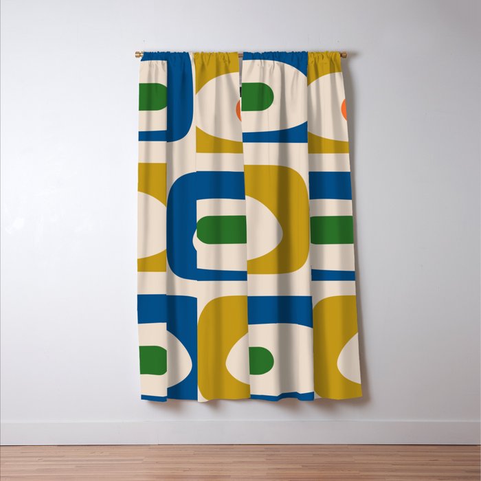 Mid Century Modern Abstract Retro Piquet Pattern in Vintage Blue Mustard Green Orange Beige Window Curtain Gallery Image 3
