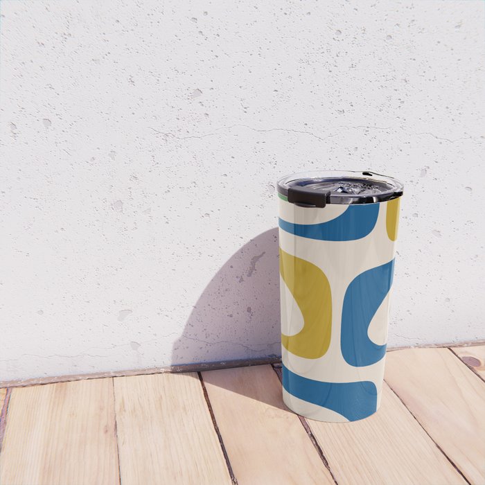 Mid Century Modern Abstract Retro Piquet Pattern in Vintage Blue Mustard Green Orange Beige Travel Mug Gallery Image 4
