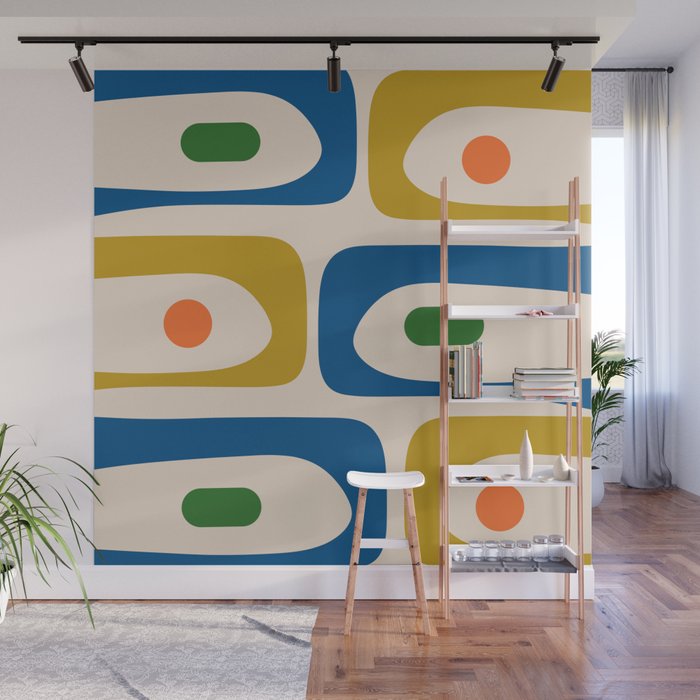 Mid Century Modern Abstract Retro Piquet Pattern in Vintage Blue Mustard Green Orange Beige Wall Mural Gallery Image 1