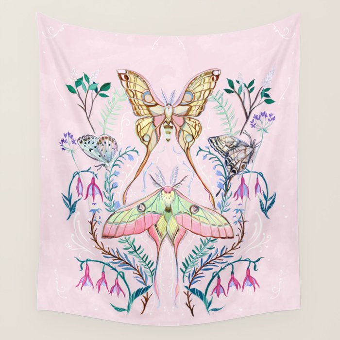 Chinese Moon Moth and Butterflies Wall Tapestry Gallery Image 1