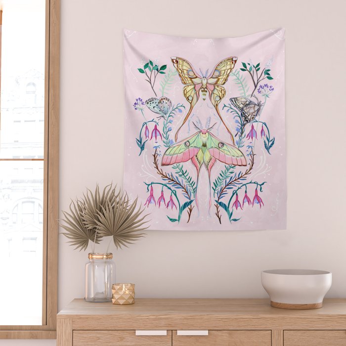 Chinese Moon Moth and Butterflies Wall Tapestry Gallery Image 2