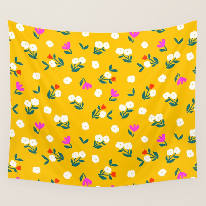 Dainty Blooms Pattern - Yellow Wall Tapestry Gallery Image 4