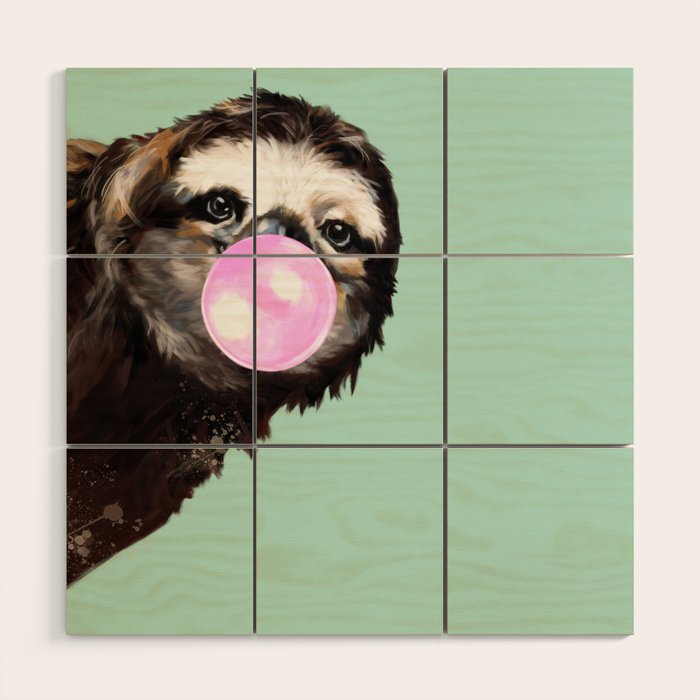 Bubble Gum Sneaky Sloth in Green Wood Wall Art Gallery Image 1