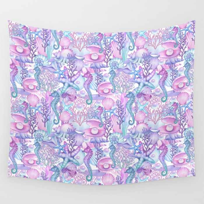 Watercolor Sea Life Ocean Beach Wall Tapestry Gallery Image 1