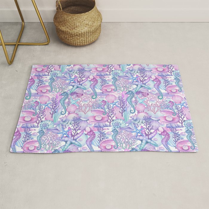 Watercolor Sea Life Ocean Beach Rug Gallery Image 1