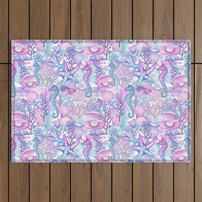Watercolor Sea Life Ocean Beach Outdoor Rug Gallery Image 1