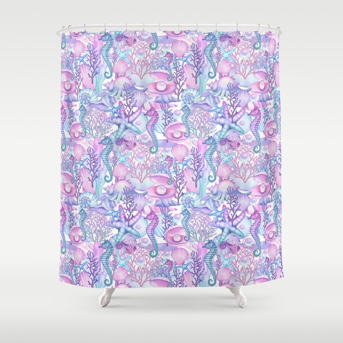 Watercolor Sea Life Ocean Beach Shower Curtain Gallery Image 1