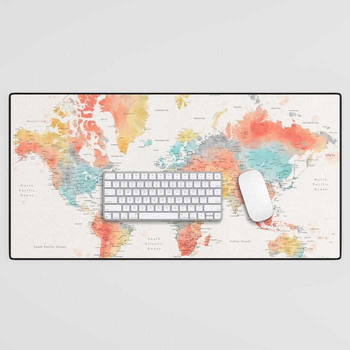 Colorful watercolor world map with cities Desk Mat Gallery Image 1