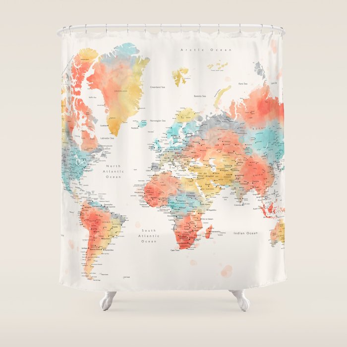 Colorful watercolor world map with cities Shower Curtain Gallery Image 1