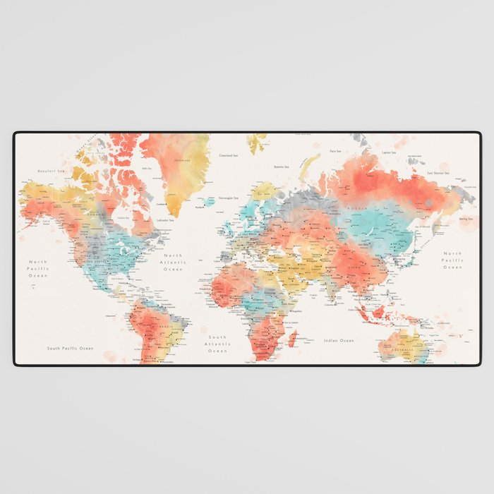 Colorful watercolor world map with cities Desk Mat Gallery Image 3