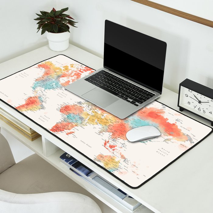 Colorful watercolor world map with cities Desk Mat Gallery Image 2