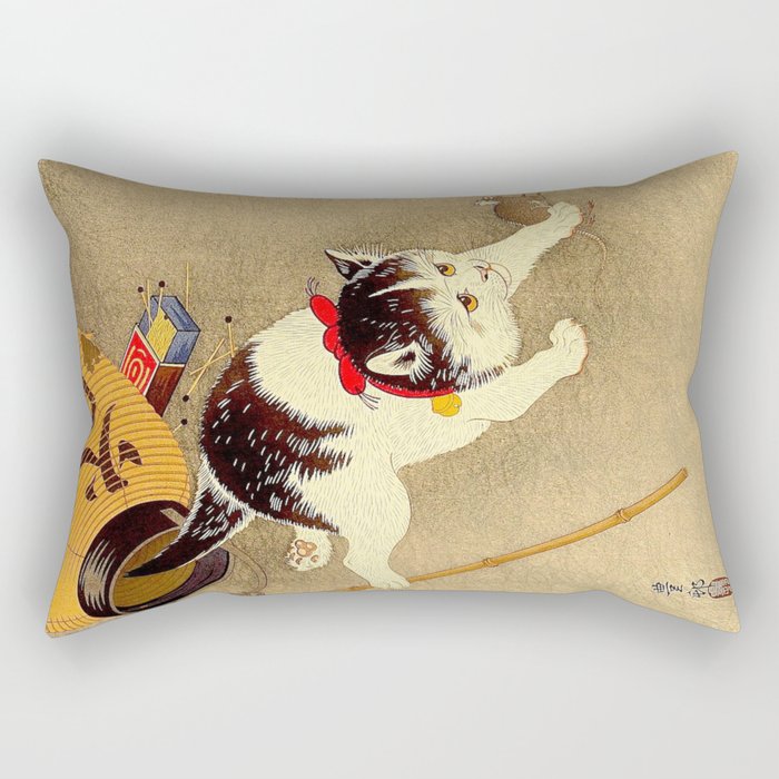 Japanese Woodblock Print Cat Lantern Playful Vintage Art Rectangular Pillow Gallery Image 2