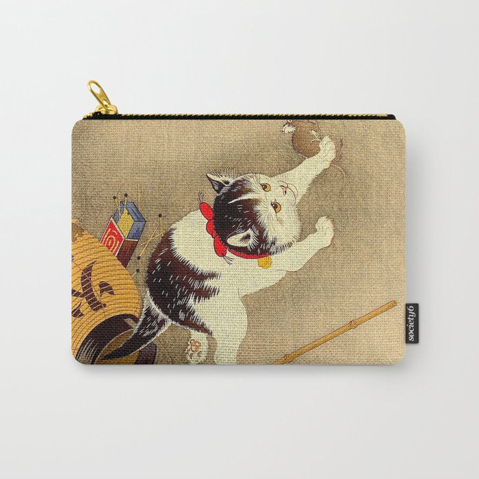 Japanese Woodblock Print Cat Lantern Playful Vintage Art Carry All Pouch Gallery Image 1