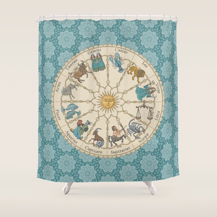 Vintage Astrology Zodiac Wheel on Teal Shower Curtain Gallery Image 1