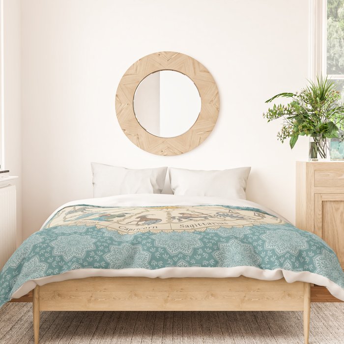 Vintage Astrology Zodiac Wheel on Teal Duvet Cover Gallery Image 3