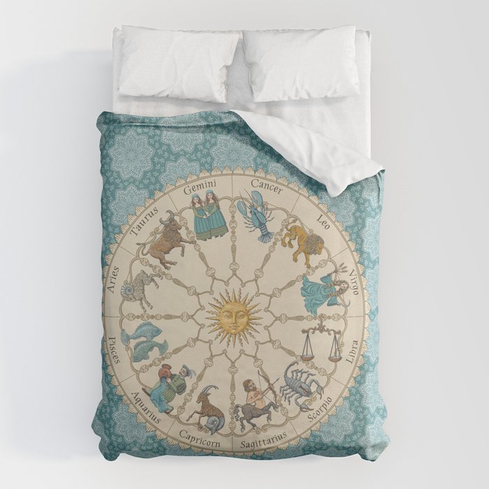 Vintage Astrology Zodiac Wheel on Teal Duvet Cover Gallery Image 6