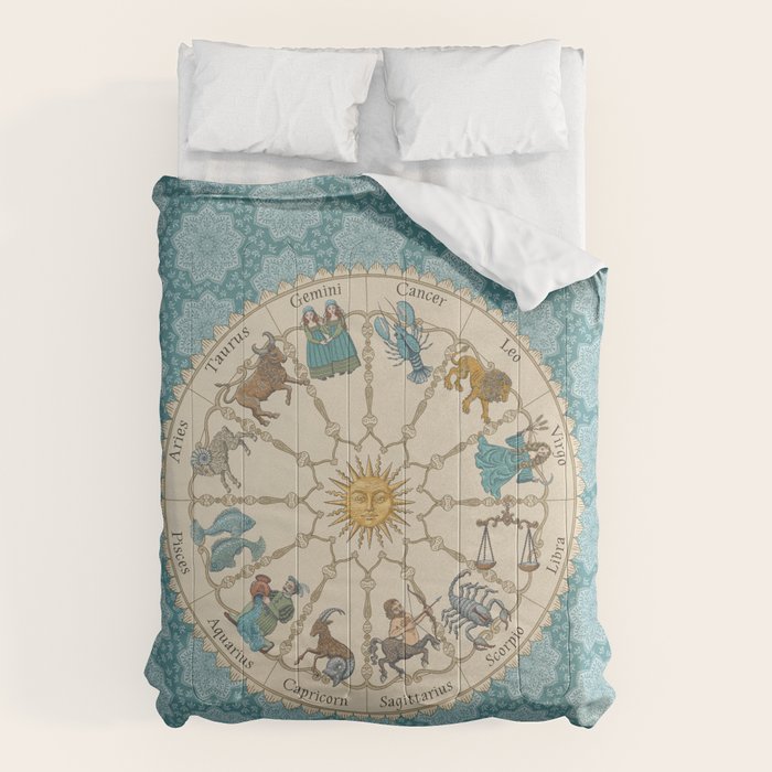 Vintage Astrology Zodiac Wheel on Teal Comforter Gallery Image 6